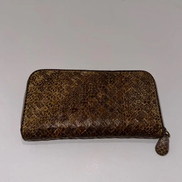 Bottega Veneta Intrecciato Continental Brown Python Zip around wallet
